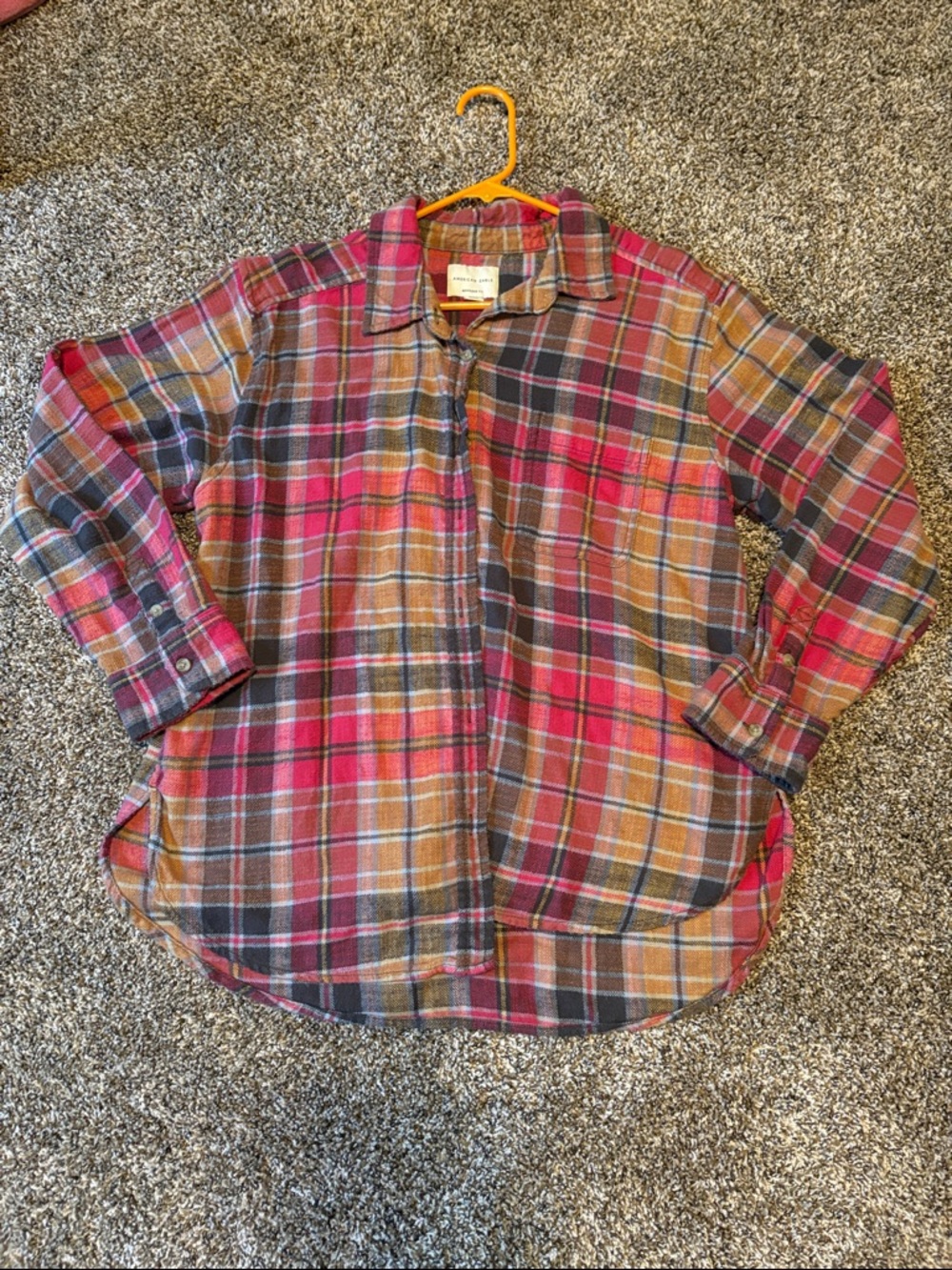 Plaid Button-Front Flannel Shirt in Pink & Brown American Eagle Outfitters